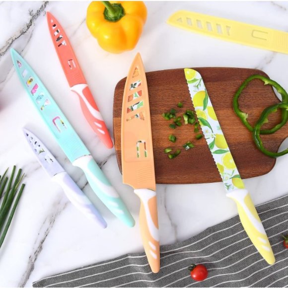 10 pc - Multicolored Fruit Kitchen Knife Set - Nonstick w/ 5 Blade Guards - Picture 2 of 11